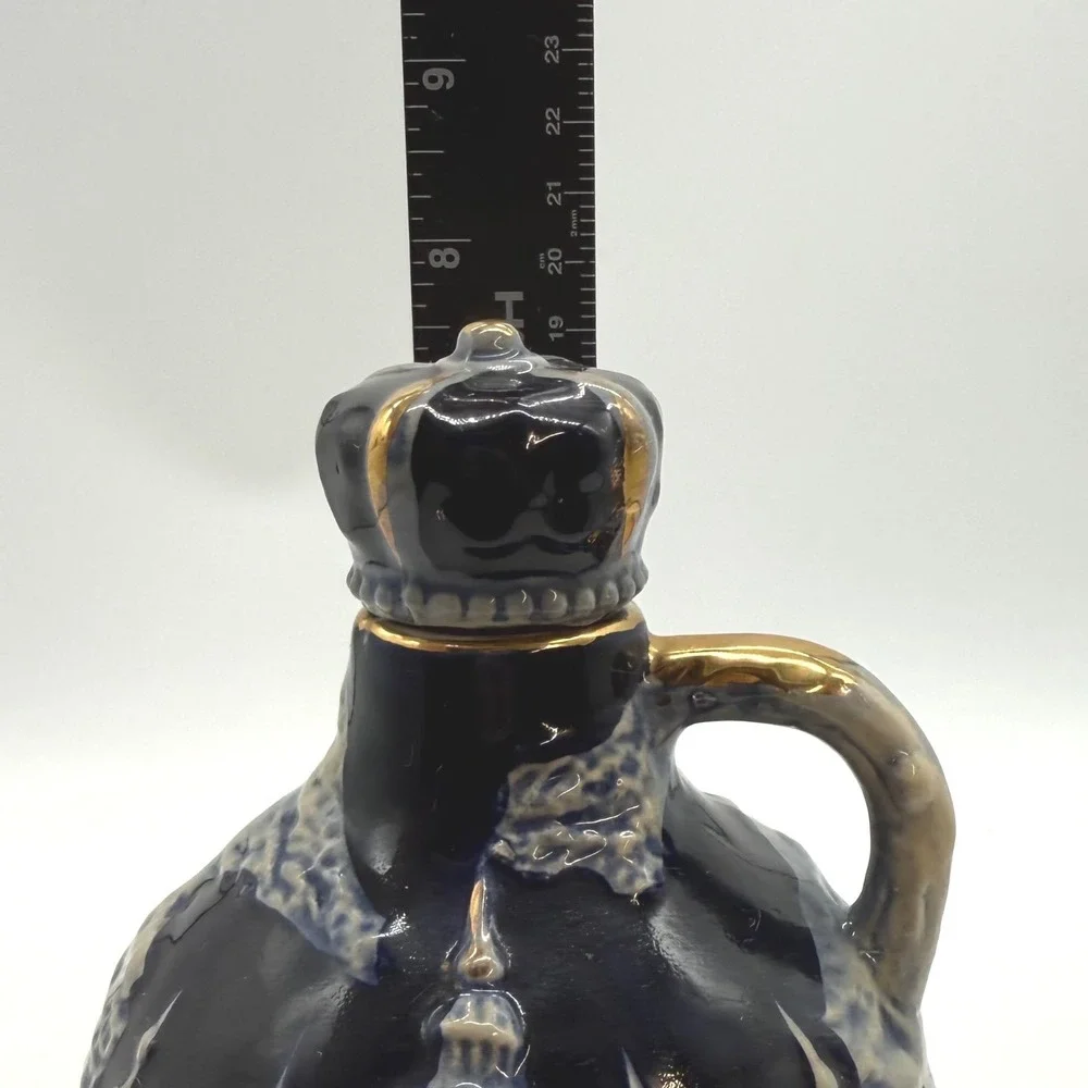 Vintage Japan Cobalt Ceramic Musical Decanter Castle Crown Stopper Gold Trim